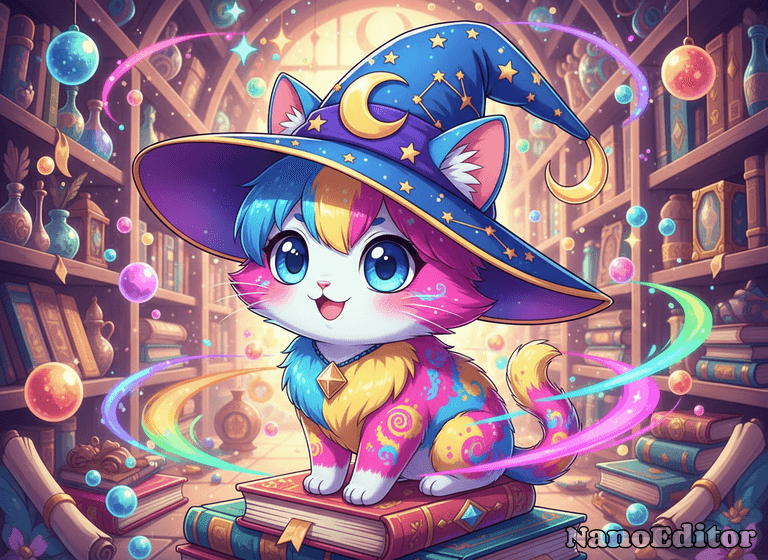 "Cute anime cat with big eyes, wearing a wizard hat, vibrant colors"