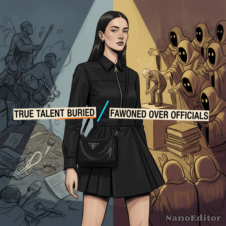 Randomized drawing style: A woman and the storyline are depicted and interpreted