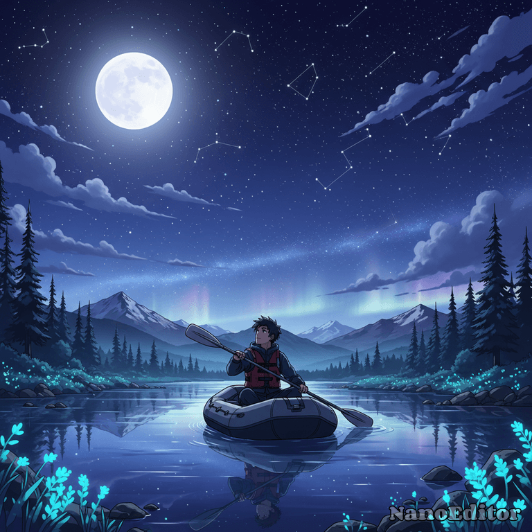 a guy rafting boat in clear moon light with stars and nice asthetic view create 