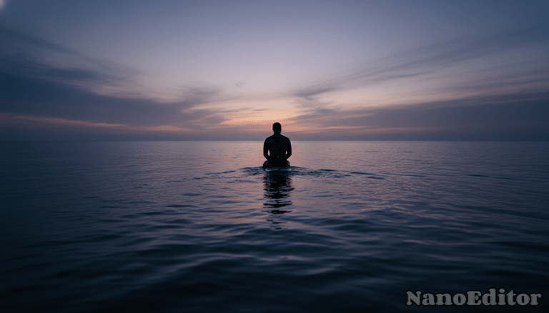 A landscape image of a lone male surfer in a black wetsuit. he is sitting on his