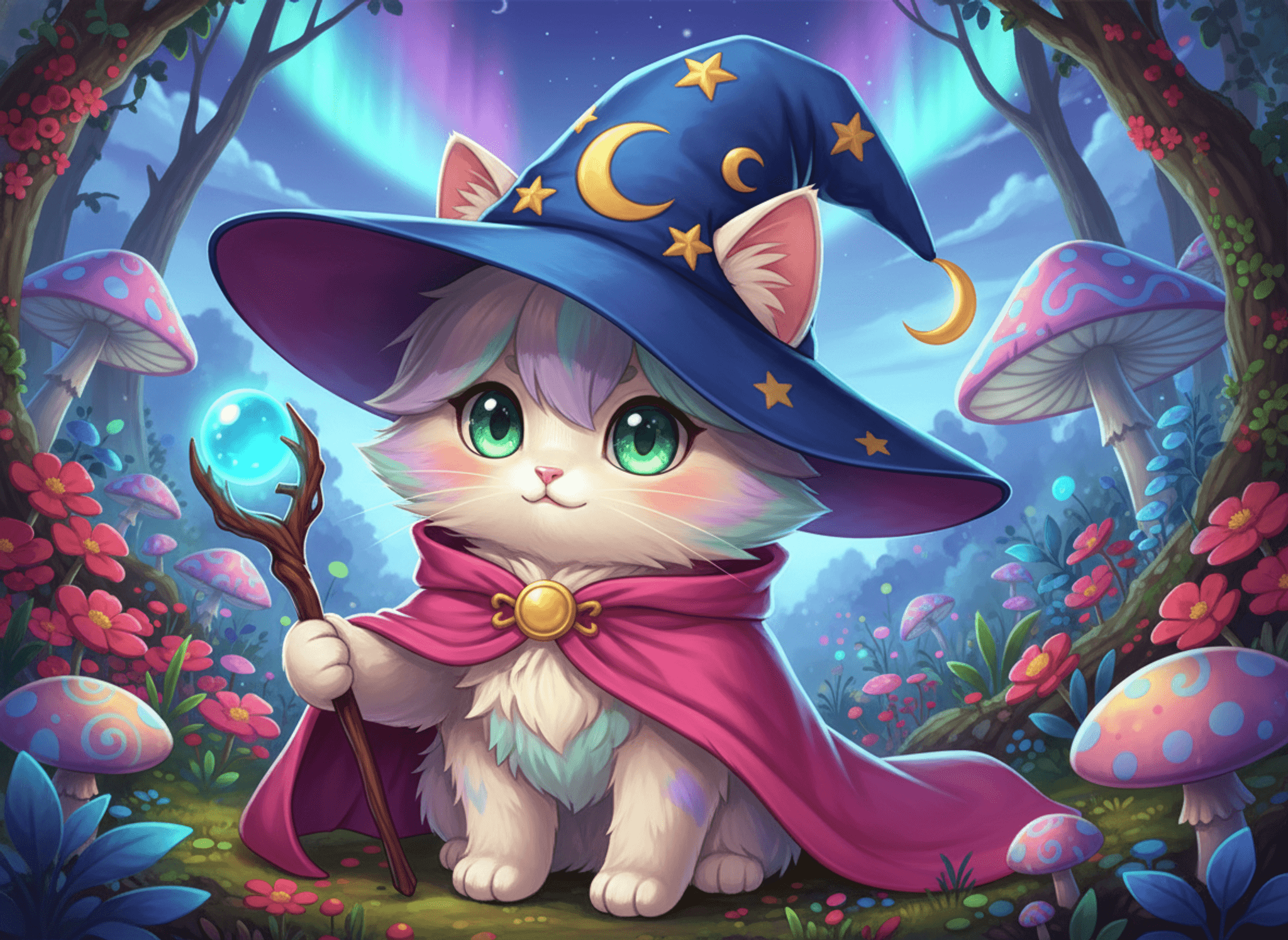 "Cute anime cat with big eyes, wearing a wizard hat, vibrant colors"