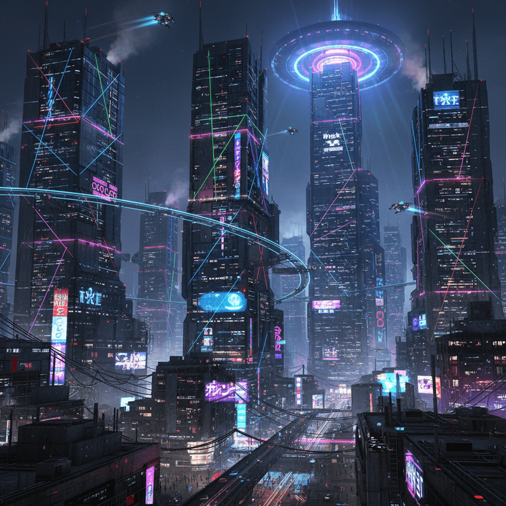 "Futuristic city skyline at night, neon lights, cyberpunk style"