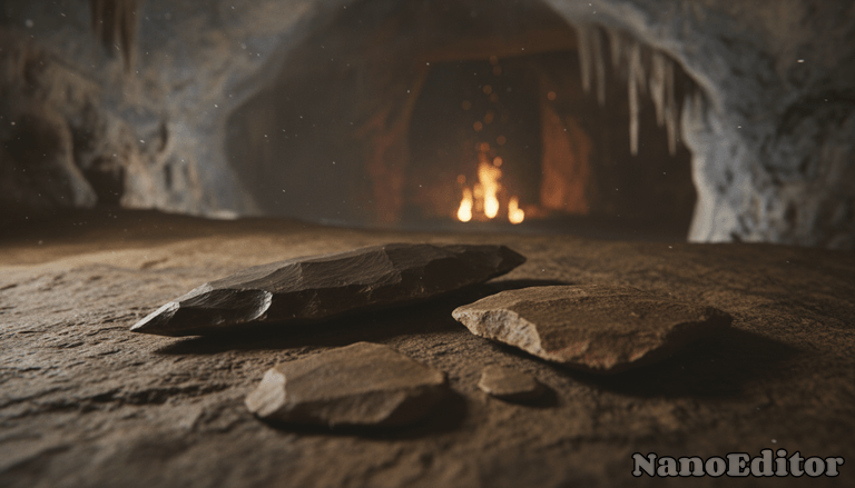 First  human tools with burin, dim cave light, cinematic angle, realistic textur