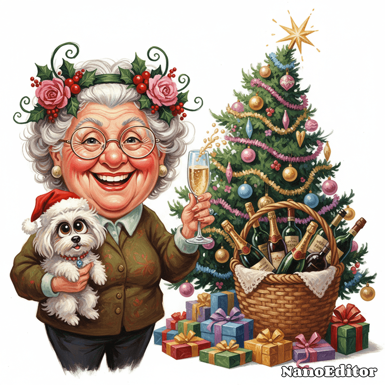 funny caricature A cheerful elderly woman with a broad, joyful smile, wearing la