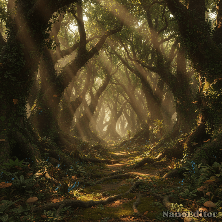 "A dense, overgrown forest, sunbeams filtering through the canopy, Unreal Engine