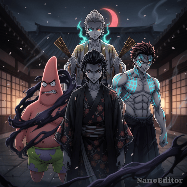 Patrick Star, Muzan Kibutsuji, Akaza, and Doma stand side-by-side in a tense gro