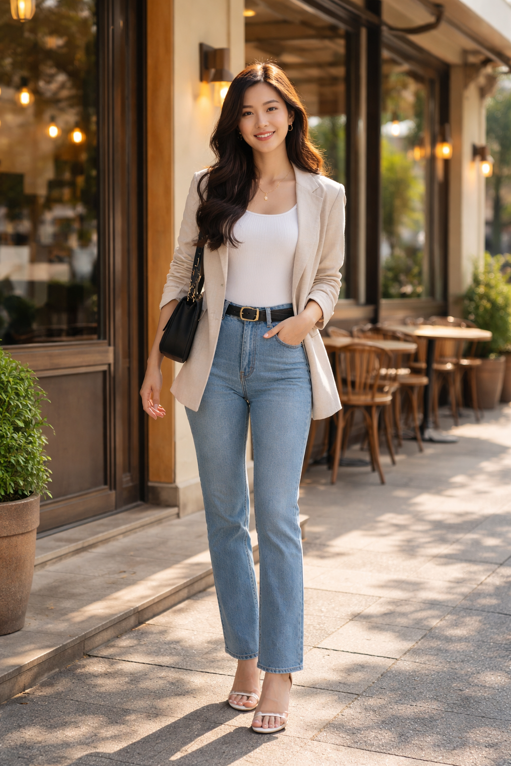 “Photoreal Asian model in natural light, standing outside a café, full-body shot